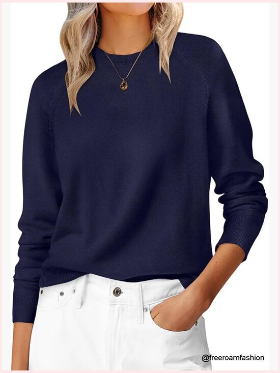Sweaters - Long Sleeve Crewneck Loose Fit Lightweight Knit Pullover Sweater